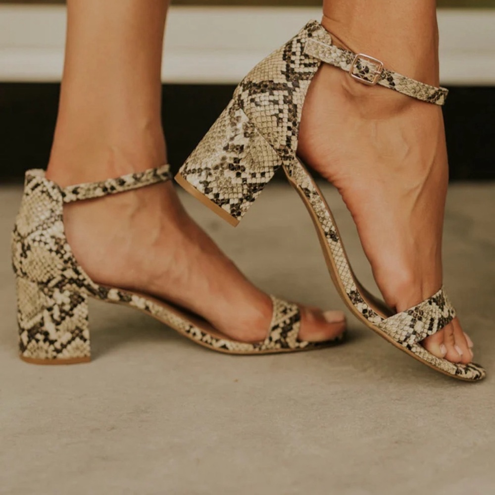 Roolee elfrida ankle strap Snake-Print Block Heel Sandals in Taupe
